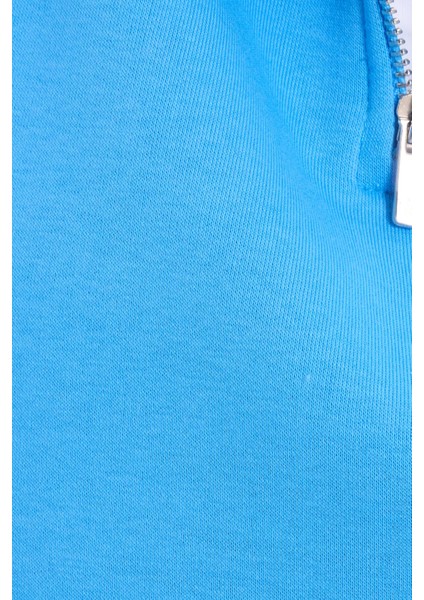 Kadın Relax Fit Rahat Kesim Pamuklu Içi Polarlı Yarım Fermuarlı Mavi Dik Yaka Sweatshirt