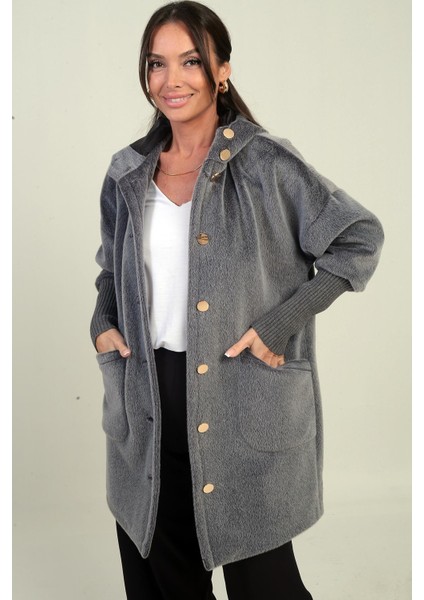 Kadın Kapüşonlu Önü Düğmeli Astarlı Kolları Ribanalı Angora Kaban fiyatları