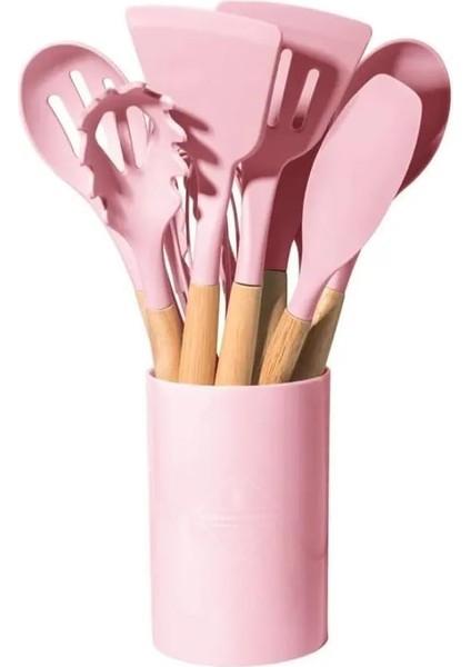 12 Parça Ahşap Sap Silikon Mutfak Pasta Silikon Kepçe Çırpıcı Fırça Kevgir Kaşıklık Maşa Spatula Set