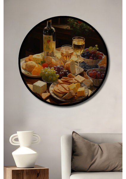 Dekoratif Ahşap Yuvarlak Çerçeve Görünümlü Tablo Şarap ve Peynir Ziyafeti