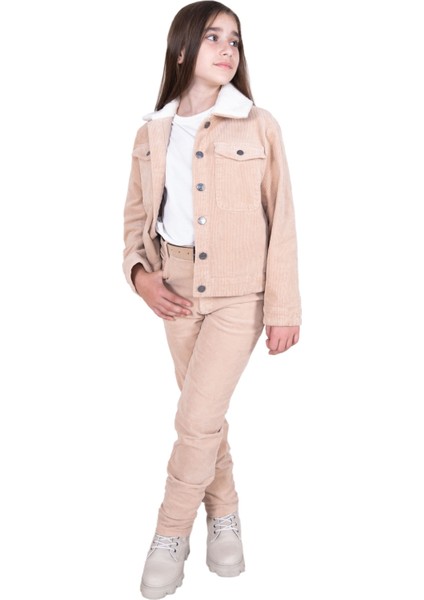 Fitilli Kadife Peluş Yaka Krem Kışlık Kız Çocuk Mont