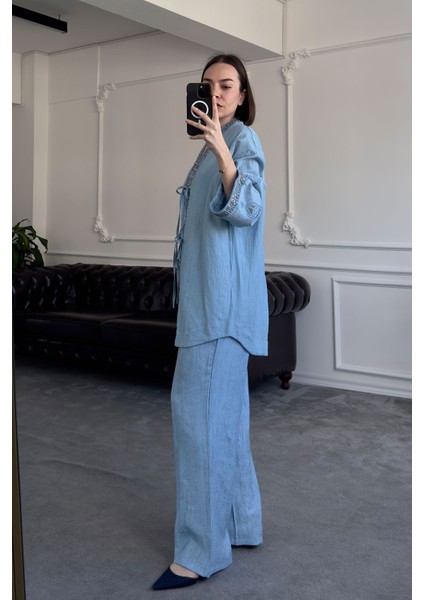 Pul Işlemeli Tasarım Keten Kimono Takım- Bebe Mavisi