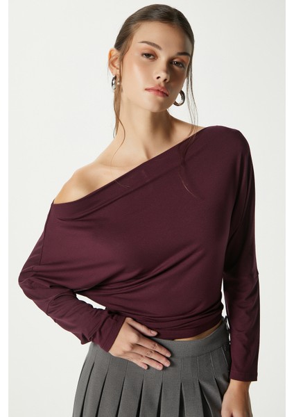 Kadın Grace Asimetrik Omuz Detay Mürdüm Bluz