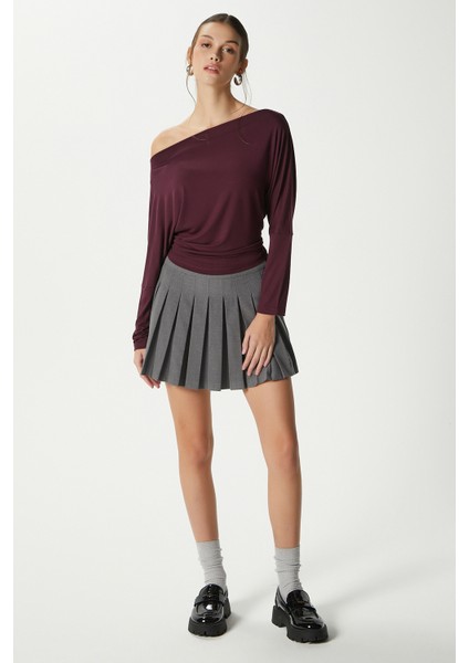 Kadın Grace Asimetrik Omuz Detay Mürdüm Bluz modelleri