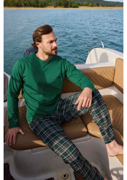 Erkek Jakarlı Uzun Kol Pijama Takımı 3452 Yeşil modelleri