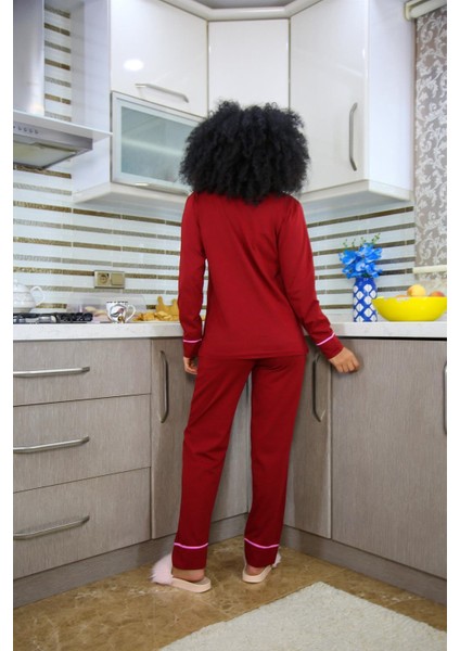 Kadın %100 Pamuk Penye Önden Düğmeli Uzun Kol Pijama Takım 2716