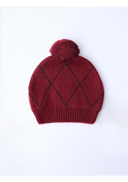 Kırmızı Ponpon Detaylı Baklava Desenli Bere