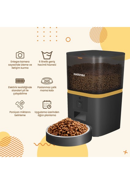 QQ005 Kameralı Akıllı Otomatik Kedi Mama Kabı , Wifi Uzaktan Kontrol, Sesle Çağırma, 480P Kamera, 6lt Hazne, Metal Kase, Siyah