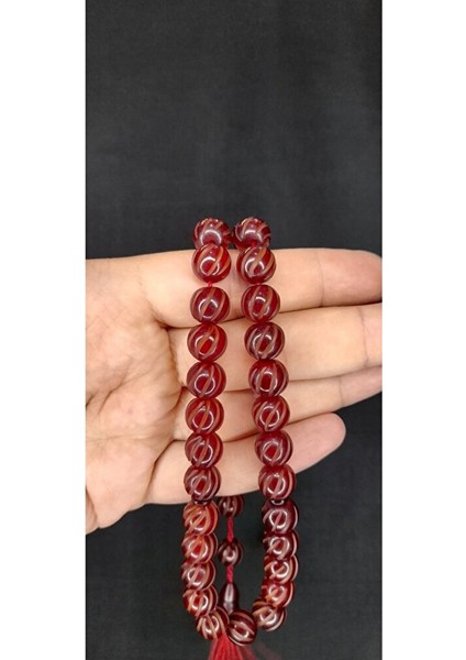 Çubuk Kehribar Tesbih Kalem Işçilikli Küre Kesim Bordo Renk T-394