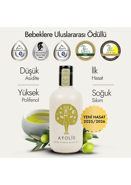 Premium Anne Bebek Çocuk Zeytinyağı 500 Ml Ödüllü Yüksek Polifenollü İlk Hasat Soğuk Sıkım Natürel Sızma Zeytinyağı