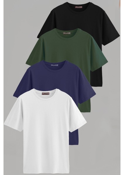 Erkek Beyaz-Siyah-Laci-Yeşil Slim Fit Bisiklet Yaka Pamuk Elastan 4'lü Basic Tişört