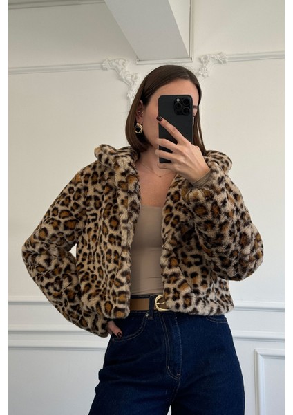 Leopar Desen Premium Kürk Mont- Camel