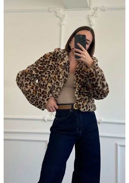 Leopar Desen Premium Kürk Mont- Camel fiyatları