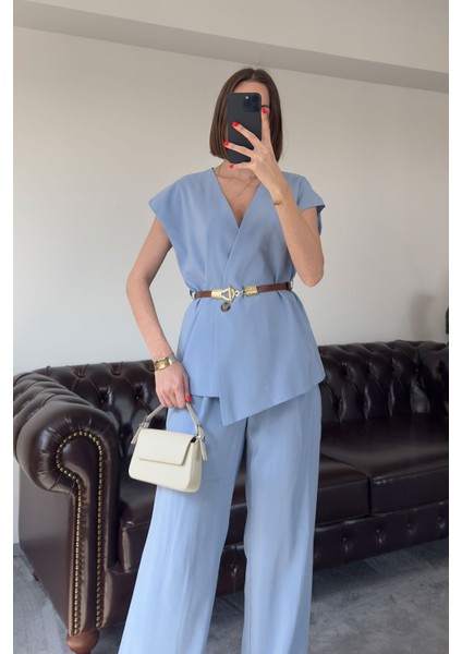 Beli Kemerli Premium Yelekli Modal Takım- Mavi