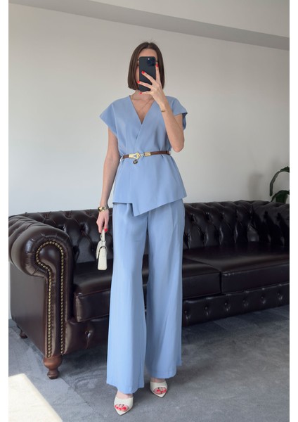 Beli Kemerli Premium Yelekli Modal Takım- Mavi