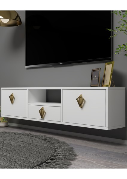 1316DROPCT-32 Duvara Montaj Tv Sehpası Beyaz-Altın