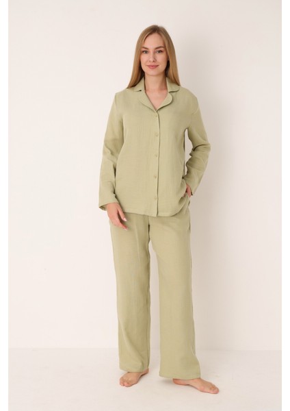 Kadın Uzun Kollu Önden Düğmeli Müslin Dokuma Pijama Takım 68275 fiyatları