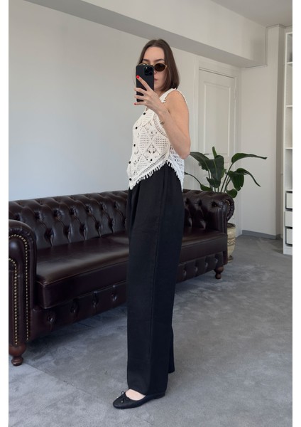 Beli Lastikli Orj Keten Pantolon- Siyah