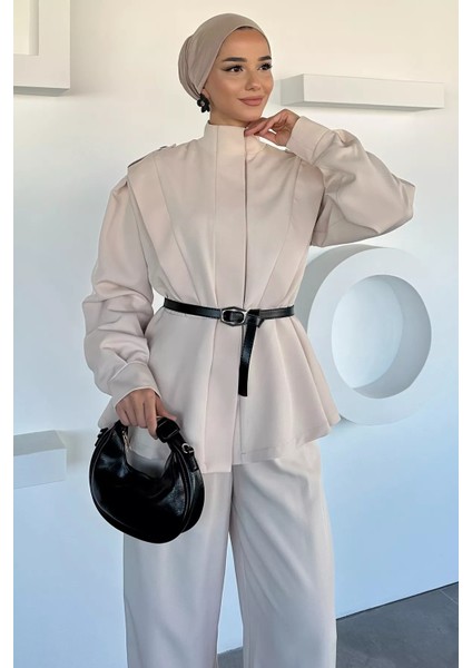Kemer Aksesuarlı Ceket Bel Lastikli Pileli Pantolon Tesettür Ikili Takım P-00018873