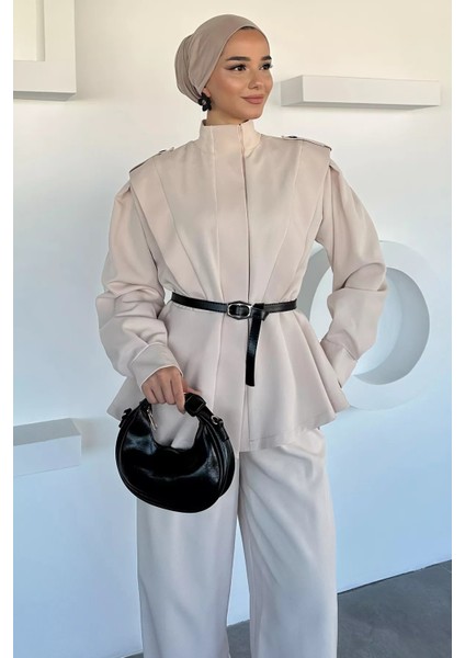 Kemer Aksesuarlı Ceket Bel Lastikli Pileli Pantolon Tesettür Ikili Takım P-00018873 modelleri