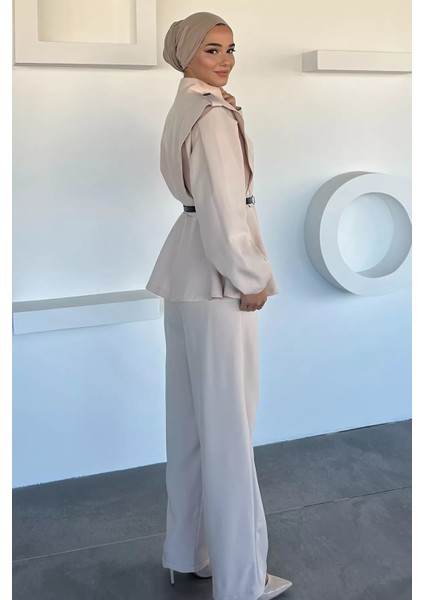 Kemer Aksesuarlı Ceket Bel Lastikli Pileli Pantolon Tesettür Ikili Takım P-00018873 fırsatları