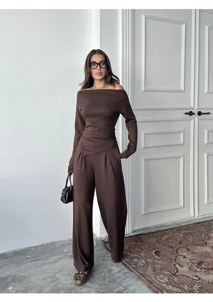 Kahve Omuz Detaylı Büzgülü Modal Takım