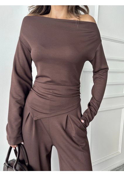 Kahve Omuz Detaylı Büzgülü Modal Takım modelleri