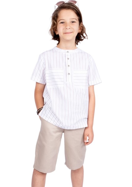 Kanvas Kumaş Krem Yazlık Erkek Çocuk Şort