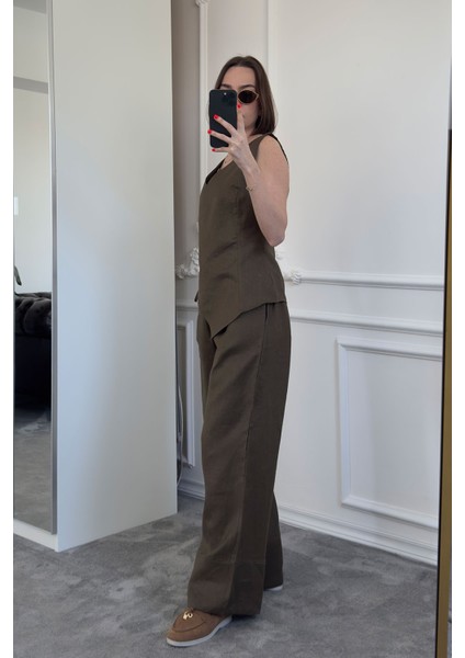 Beli Lastikli Orj Keten Pantolon- Haki