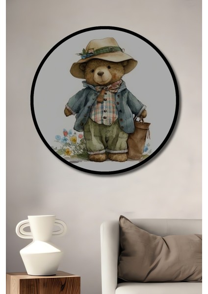 Dekoratif Ahşap Yuvarlak Çerçeve Görünümlü Tablo Ayı Bahçıvan