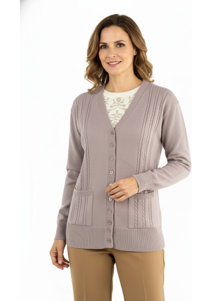 Kadın Kışlık Örgü Desenli Düğmeli Çift Cepli Uzun Kol Likralı Kardelen Dokuma Anne Hırka fiyatları