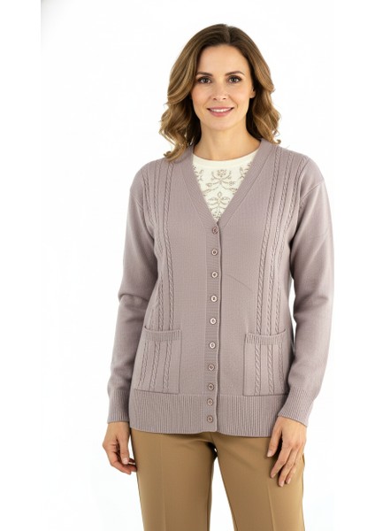 Kadın Kışlık Örgü Desenli Düğmeli Çift Cepli Uzun Kol Likralı Kardelen Dokuma Anne Hırka fırsatları