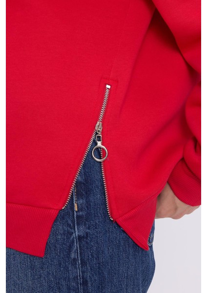 Kadın Oversize Geniş Kesim Pamuklu 3 Iplik Bisiklet Yaka Kırmızı Sweatshirt modelleri