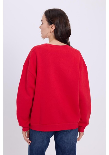 Kadın Oversize Geniş Kesim Pamuklu 3 Iplik Bisiklet Yaka Kırmızı Sweatshirt