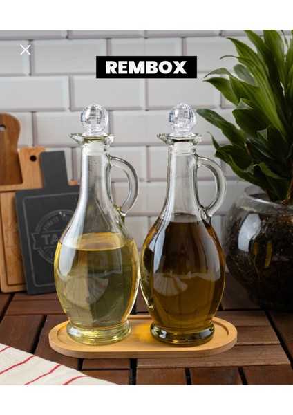 Bambu Standlı Kulplu Yağdanlık Seti - 500 ml Kristal Tıpalı Zeytinyağ Sirke Nar Ekşisi Şişesi