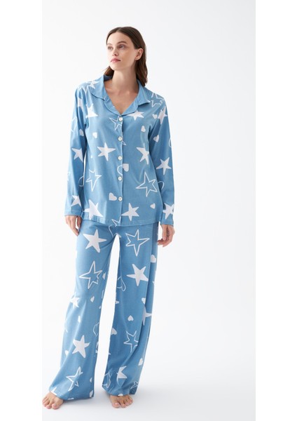 Kadın Mavi Yıldız Desenli Düğmeli Pamuklu Pijama Takımı