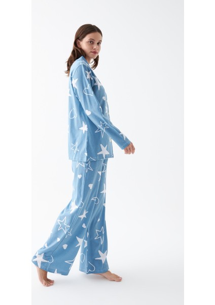 Kadın Mavi Yıldız Desenli Düğmeli Pamuklu Pijama Takımı modelleri