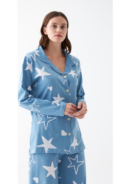 Kadın Mavi Yıldız Desenli Düğmeli Pamuklu Pijama Takımı fırsatları