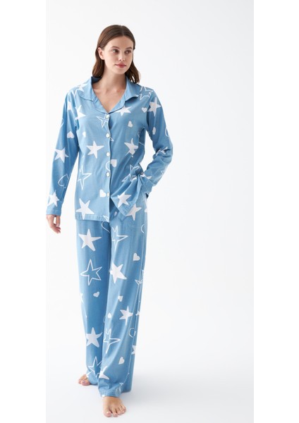 Kadın Mavi Yıldız Desenli Düğmeli Pamuklu Pijama Takımı indirimleri