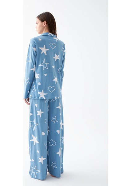 Kadın Mavi Yıldız Desenli Düğmeli Pamuklu Pijama Takımı