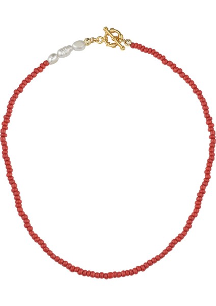 İnci Detaylı Kırmızı Boncuk Kolye