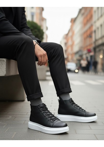 Bağcıklı Erkek Sneaker Bot Siyah (Beyaz Taban)