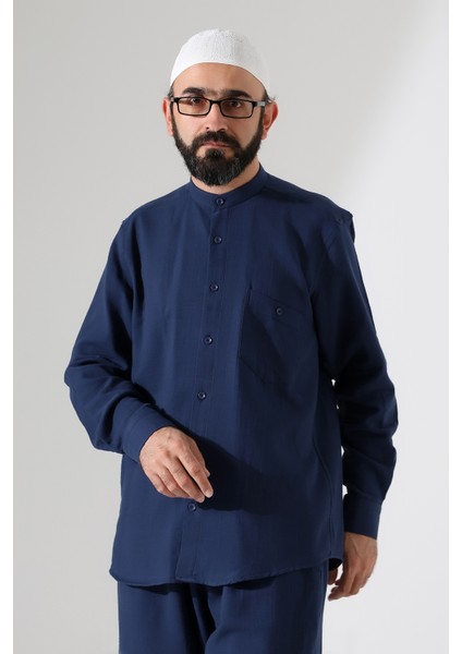 Erkek Müslin Hakim Yaka Uzun Kollu Düğmeli Gömlek, Hac Umre Kıyafeti - Lacivert (Ans)