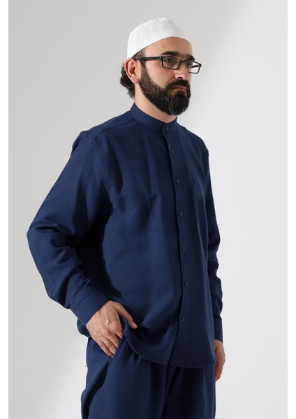 Erkek Müslin Hakim Yaka Uzun Kollu Düğmeli Gömlek, Hac Umre Kıyafeti - Lacivert (Ans) fiyatları