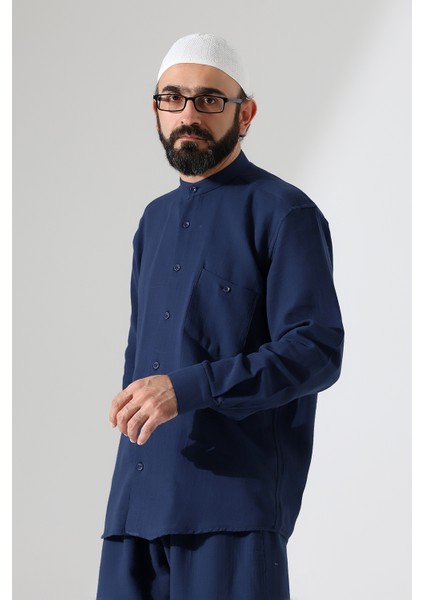 Erkek Müslin Hakim Yaka Uzun Kollu Düğmeli Gömlek, Hac Umre Kıyafeti - Lacivert (Ans) modelleri