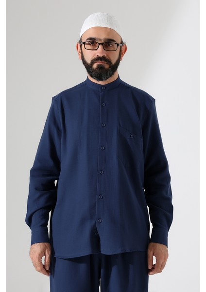 Erkek Müslin Hakim Yaka Uzun Kollu Düğmeli Gömlek, Hac Umre Kıyafeti - Lacivert (Ans) fırsatları