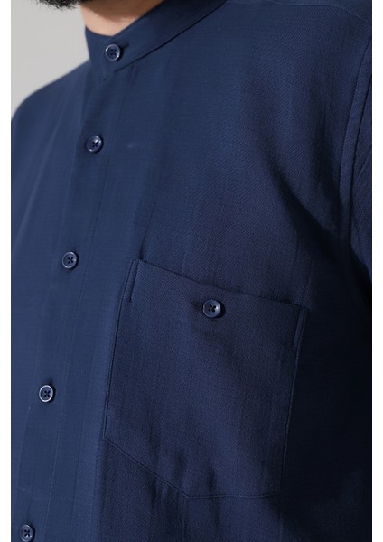 Erkek Müslin Hakim Yaka Uzun Kollu Düğmeli Gömlek, Hac Umre Kıyafeti - Lacivert (Ans) indirimleri