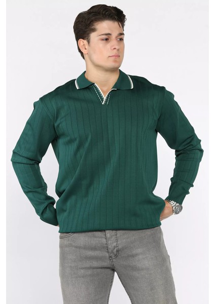 Erkek Polo Yaka Kendinden Çizgi Desenli Triko Kazak P-00018653