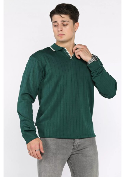 Erkek Polo Yaka Kendinden Çizgi Desenli Triko Kazak P-00018653 fiyatları