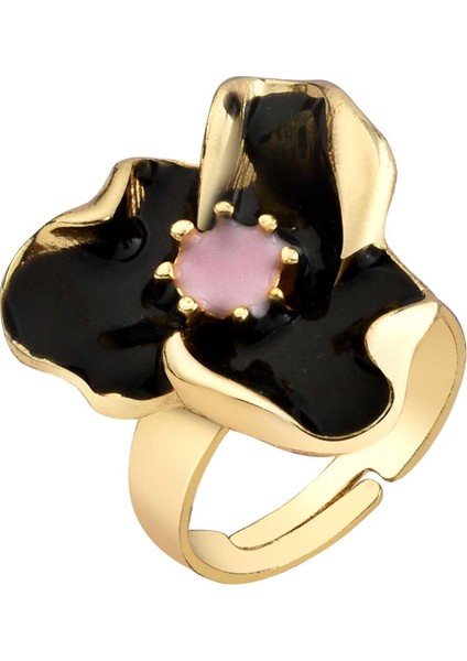 Siyah Çiçek Figürlü Mineli Yüzük